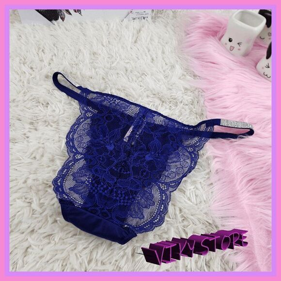 NWT {Victoria's Secret} Blue Satin Lace Cheeky: Crystal Glamour in Small ! NWT - Picture 5 of 7